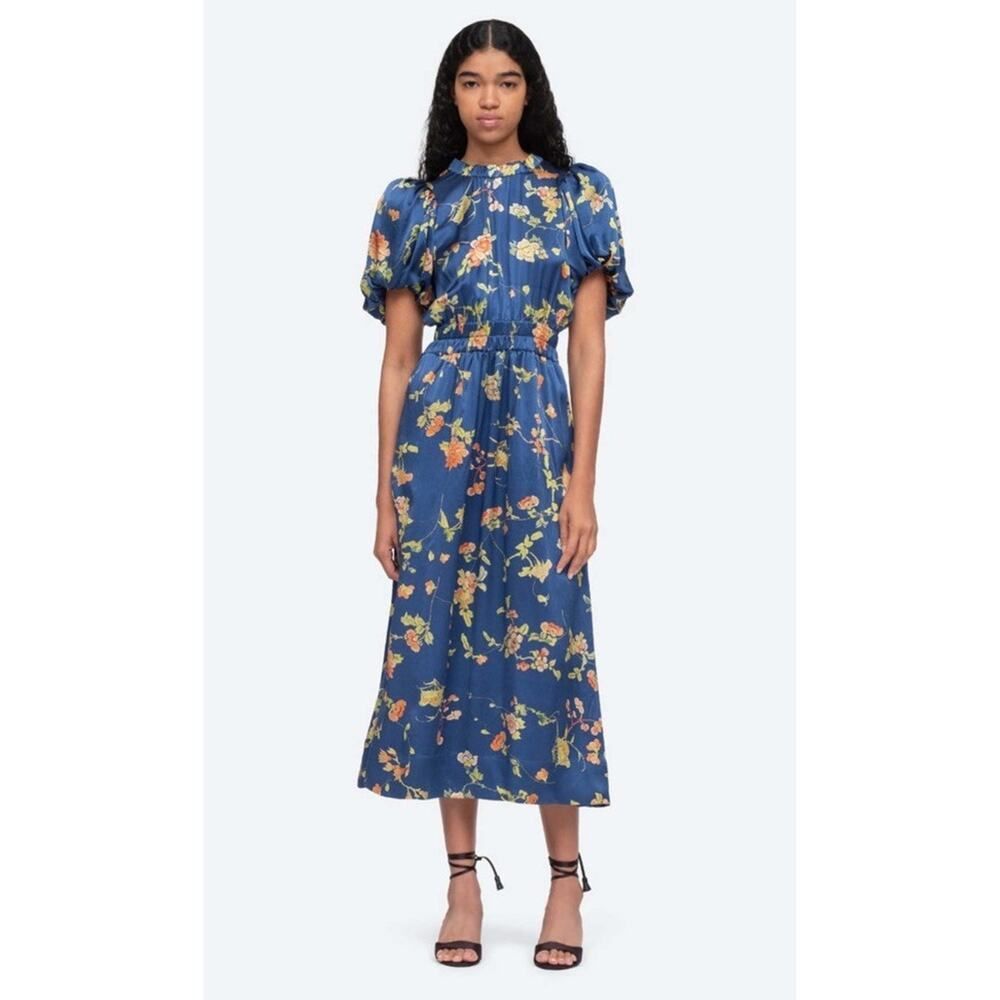 Sea Ny Julian Silk Midi Dress Navy Floral Puff Sleeve Smocked Waist Small